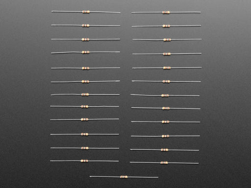 Angled shot of 25 Through-Hole Resistors - 100 ohm 5% 1/4W.