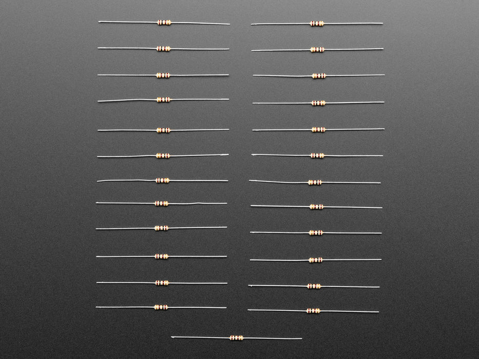 Angled shot of 25 Through-Hole Resistors - 100 ohm 5% 1/4W.