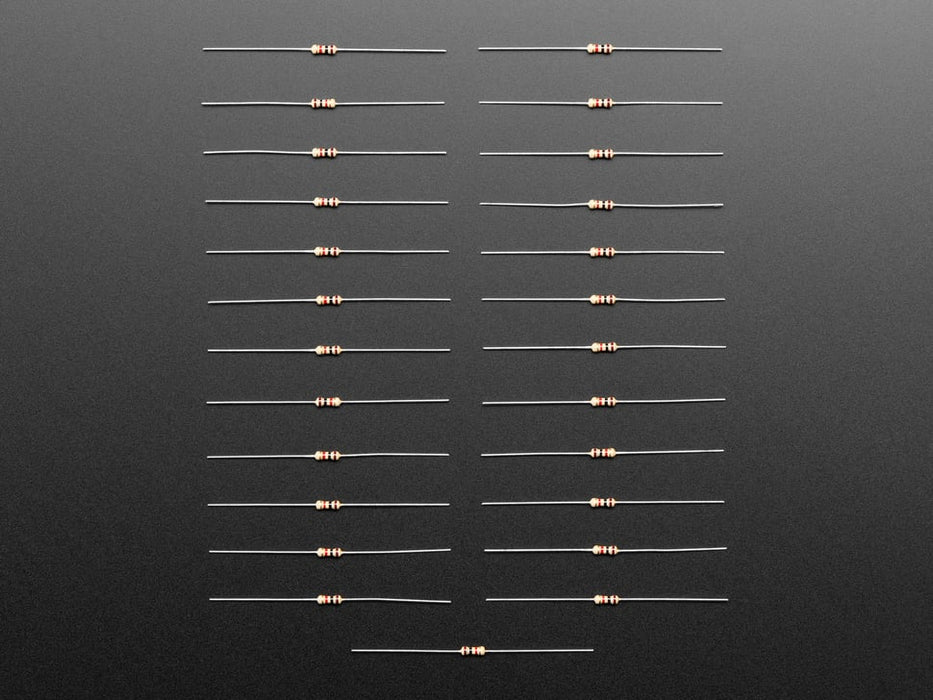 Angled shot of 25 Through-Hole Resistors - 1.0K ohm 5% 1/4W.