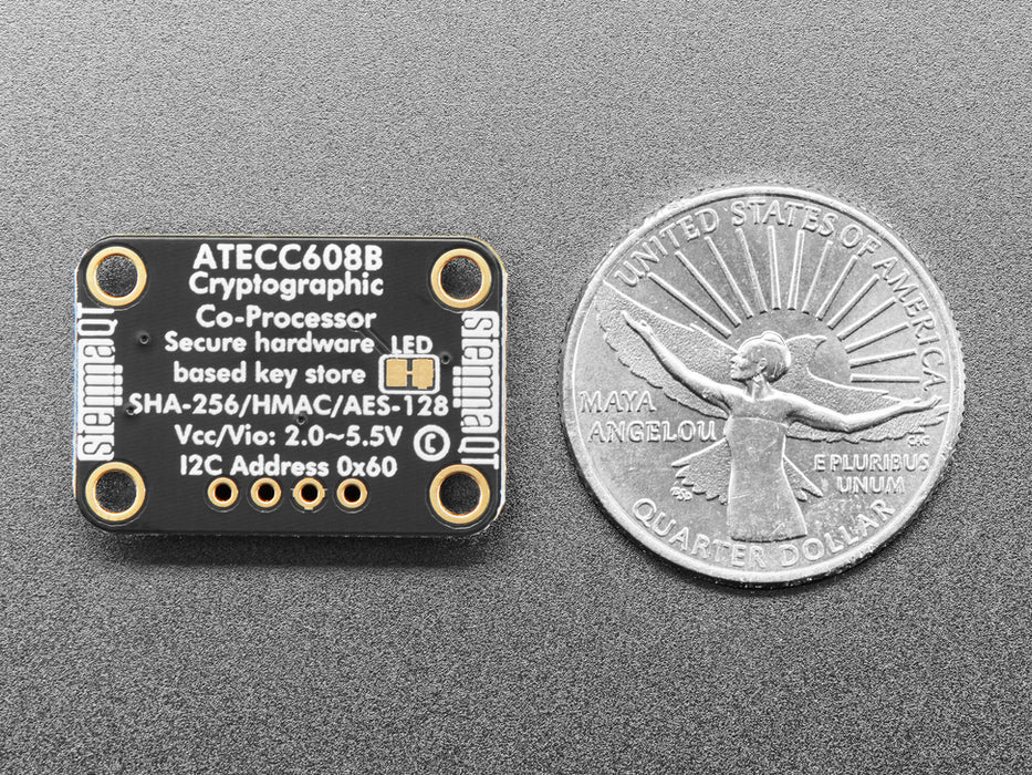 Adafruit ATECC608 Breakout Board  next to clear padlock