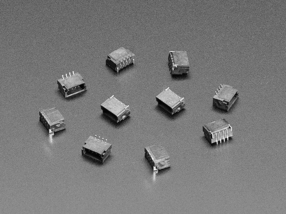 Angled shot of ten 4-pin JST-SH vertical connectors.