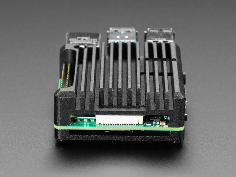 Angled shot of a Aluminum Metal Heatsink Raspberry Pi 4 Case on a Raspberry Pi