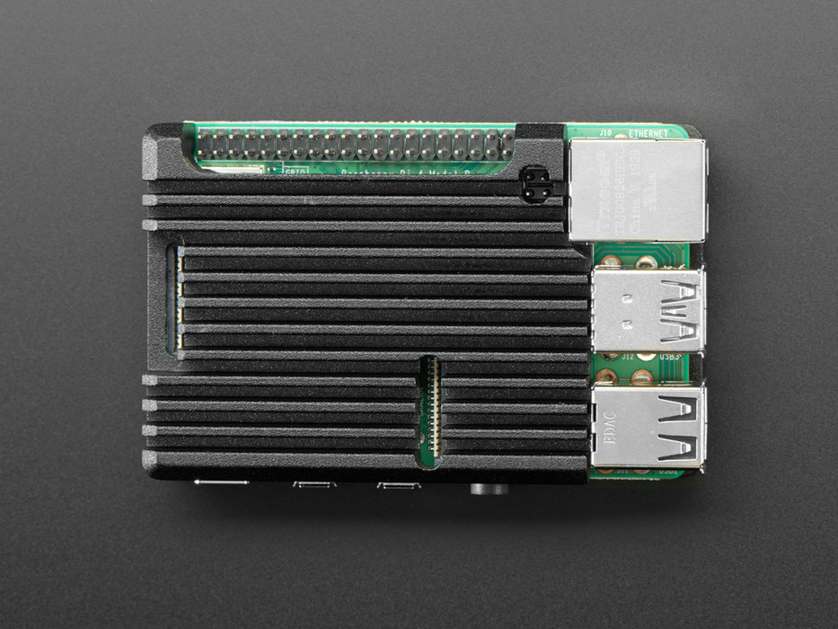 Angled shot of a Aluminum Metal Heatsink Raspberry Pi 4 Case on a Raspberry Pi