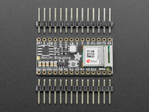 Adafruit AirLift Bitsy Add-On – ESP32 WiFi Co-Processor connected to a half sized white breadboard and a OLED with various wording showing on the display. 