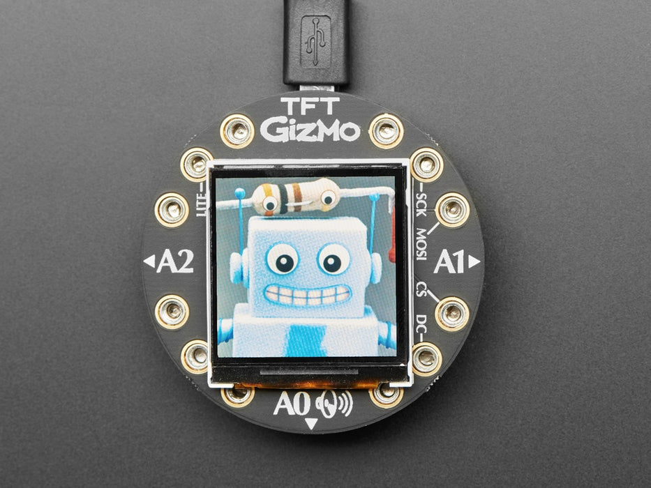 Hand pressing buttons on circuit playground, then turning over to show TFT gizmo display an image of a friendly robot or snake