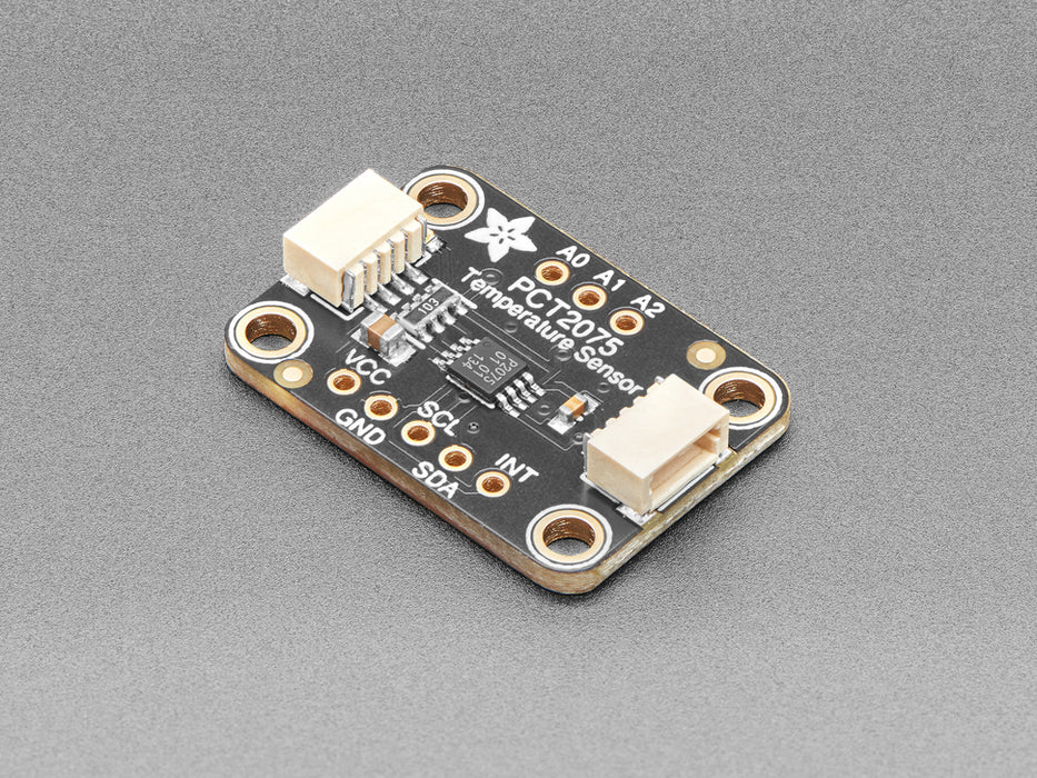 Adafruit PCT2075 Temperature Sensor with STEMMA QT / Qwiic cable plugged into a Feather showing the temperature