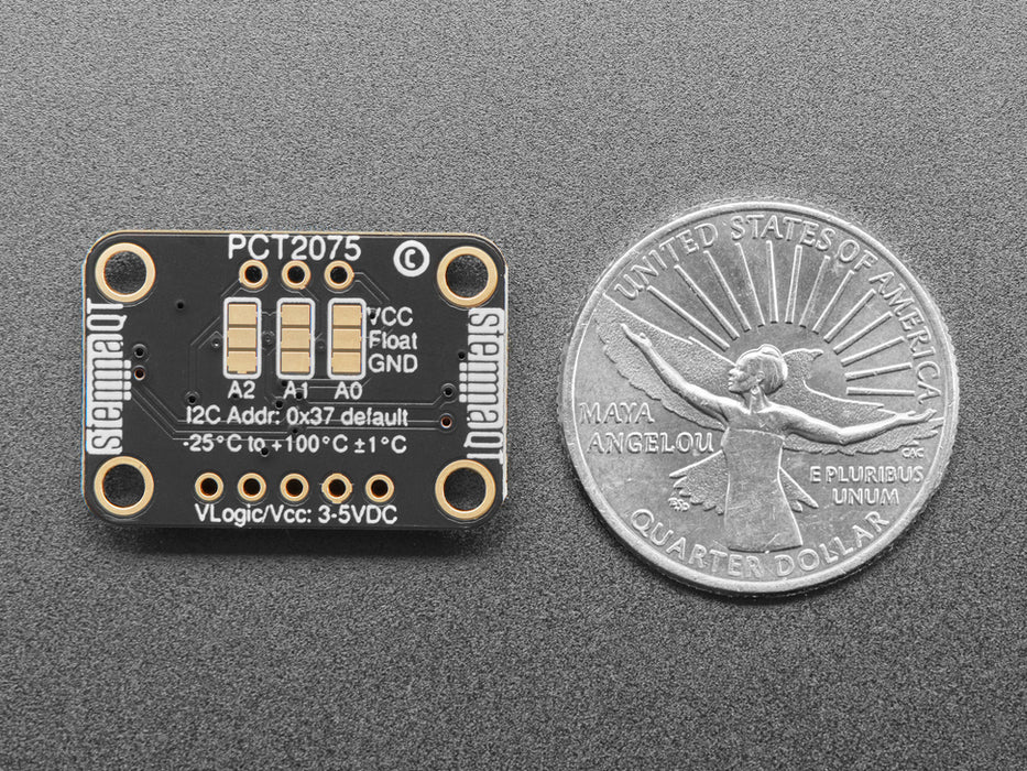 Adafruit PCT2075 Temperature Sensor with STEMMA QT / Qwiic cable plugged into a Feather showing the temperature