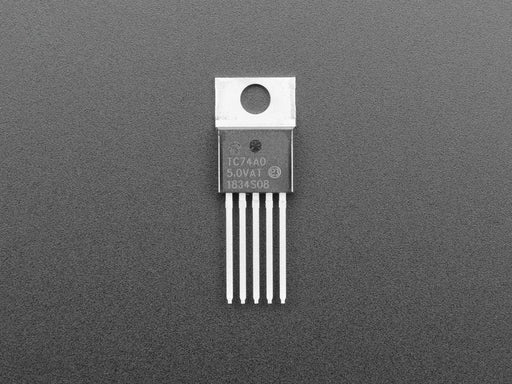  TC74A0 Breadboard Friendly I2C Temperature Sensor plugged into breadboard wired to Feather displaying the temperature