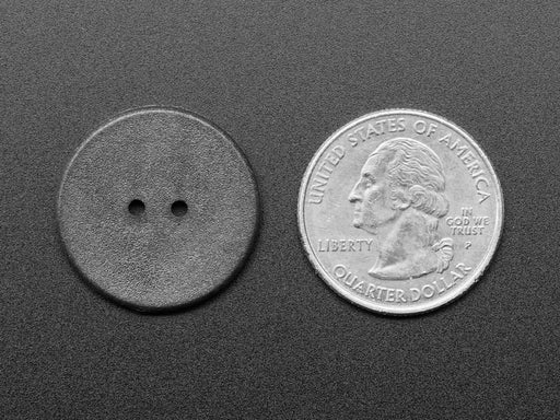 Black resin button with two holes for sewing next to quarter