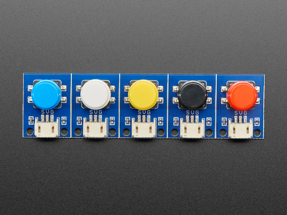 STEMMA Wired Tactile Push-Buttons connected to a half sized white breadboard