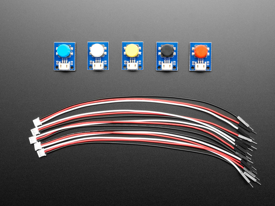 STEMMA Wired Tactile Push-Buttons connected to a half sized white breadboard