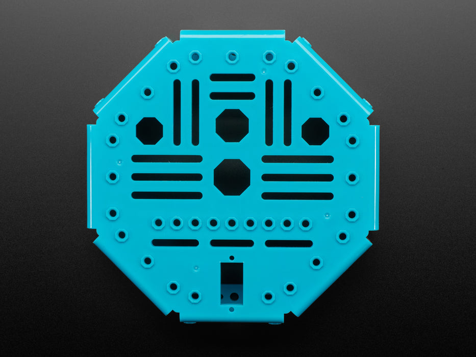 Assembled blue octagon rover robot with wheels, Adafruit Crikit and battery pack.
