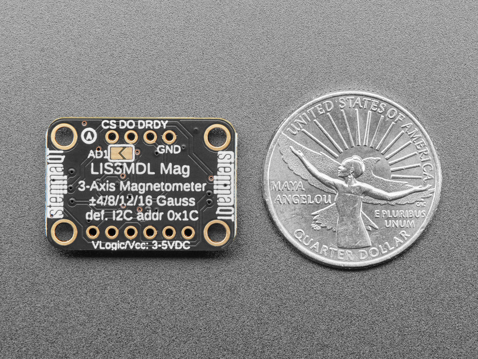 Angled shot of a LIS3MDL Triple-axis Magnetometer breakout.