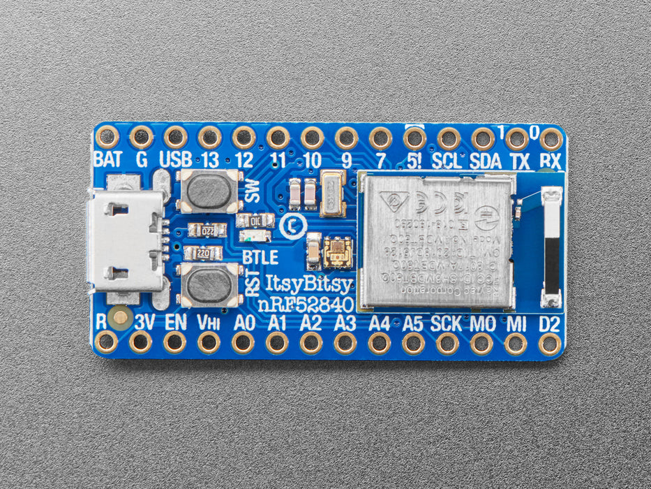 Angled shot of Adafruit ItsyBitsy nRF52840 Express - Bluetooth LE.