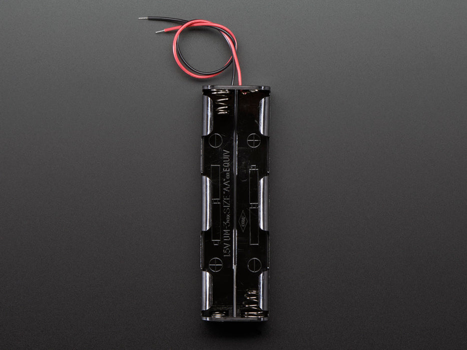 Angled shot of slim, black 8 x AA battery holder with plain wires.