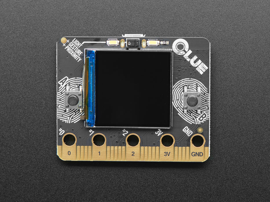 Animated GIF showing CLUE board  displaying data from the many on-board sensors.