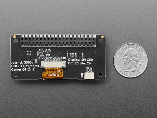 Angled shot of a Adafruit 1.3" Color TFT Bonnet for Raspberry Pi - 240x240 TFT + Joystick Add-on. 