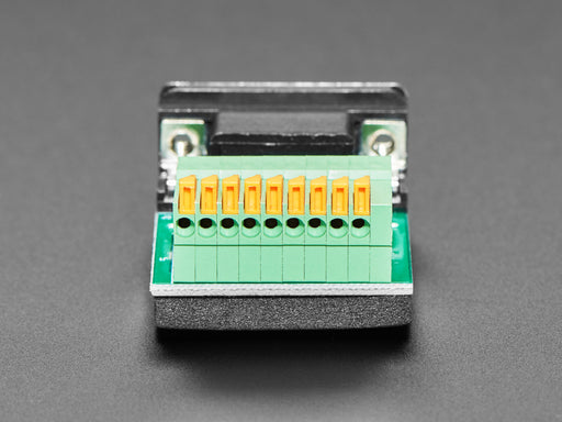 Angled shot of DE-9 (DB-9) Female Socket to Terminal Spring Block Adapter.