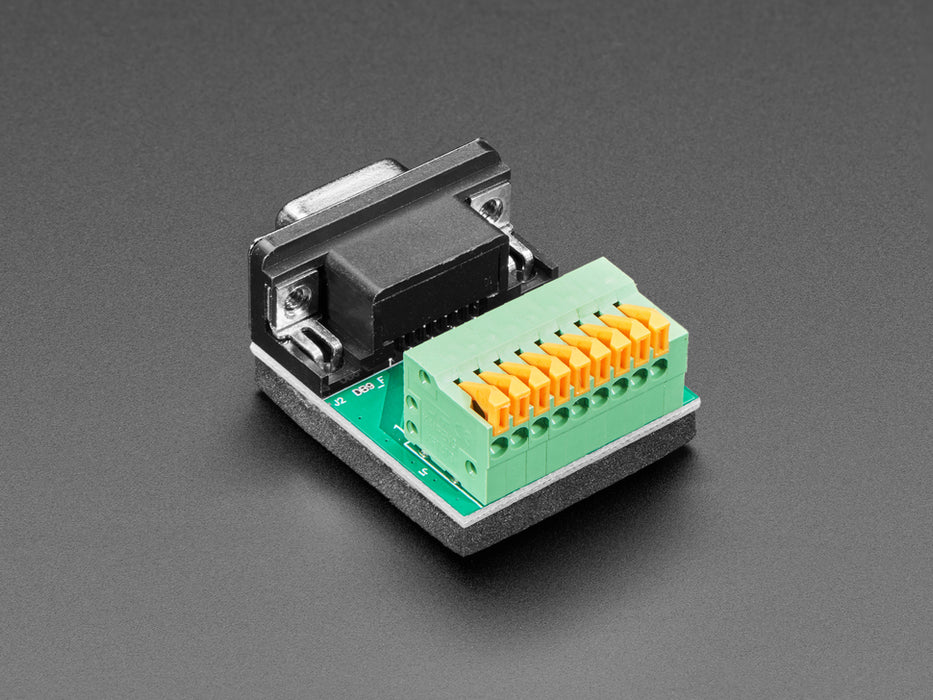 Angled shot of DE-9 (DB-9) Female Socket to Terminal Spring Block Adapter.