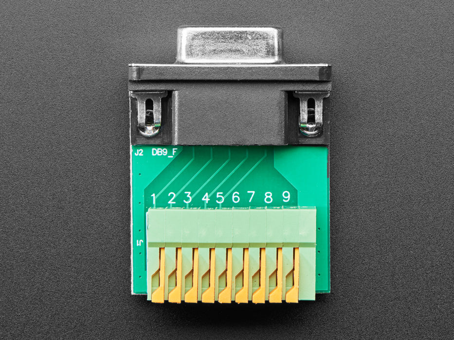 Angled shot of DE-9 (DB-9) Female Socket to Terminal Spring Block Adapter.