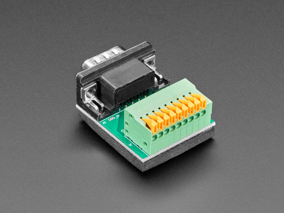 Angled shot of DE-9 (DB-9) Male Plug to Terminal Spring Block Adapter.