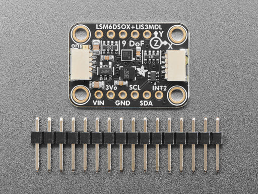 Angled shot of a Adafruit LSM6DSOX + LIS3MDL - Precision 9 DoF IMU - STEMMA QT / Qwiic.