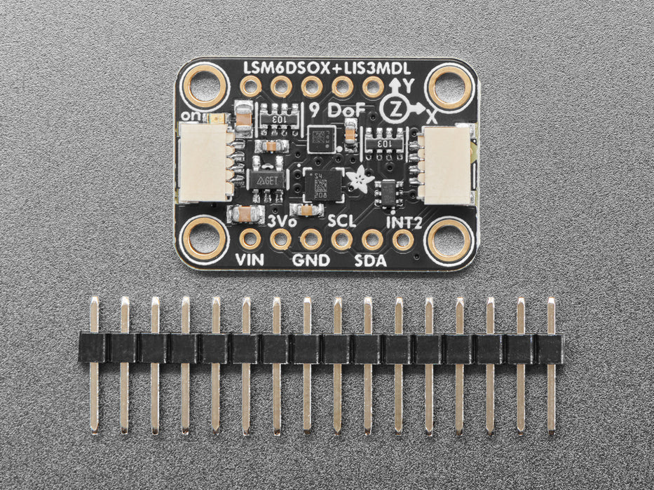 Angled shot of a Adafruit LSM6DSOX + LIS3MDL - Precision 9 DoF IMU - STEMMA QT / Qwiic.