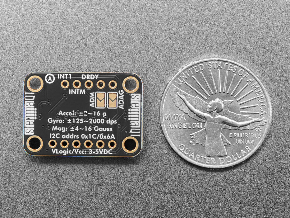 Angled shot of a Adafruit LSM6DSOX + LIS3MDL - Precision 9 DoF IMU - STEMMA QT / Qwiic.