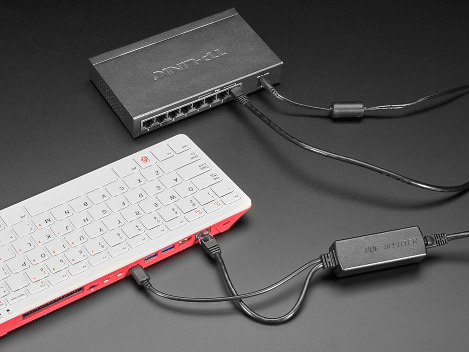 PoE Adapter connected to Raspberry Pi and PoE hub