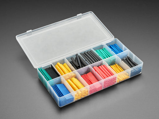 Opened box full of short lengths of multi color heat shrink