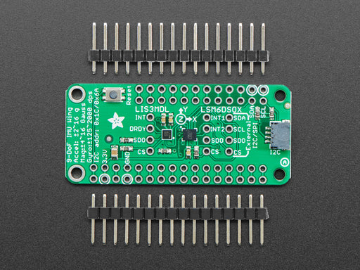 Angled shot of a Adafruit LSM6DSOX + LIS3MDL FeatherWing.