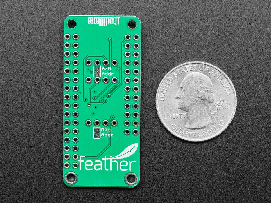 Angled shot of a Adafruit LSM6DSOX + LIS3MDL FeatherWing.