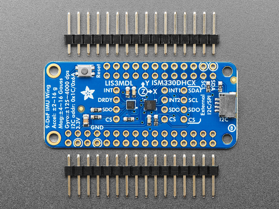 Top down view of a Adafruit ISM330DHCX + LIS3MDL FeatherWing.