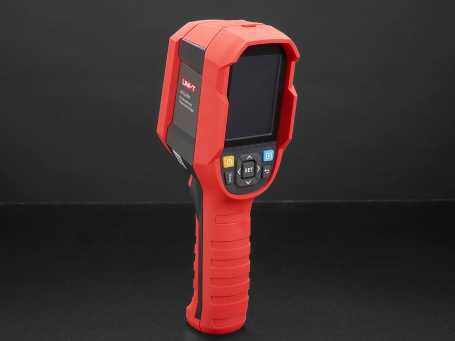 Thermal camera displaying a thermal image on it's lcd screen. Camera is red and grey, with the screen at the top of the camera and a handle at the bottom