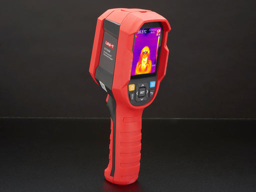 Thermal camera displaying a thermal image on it's lcd screen. Camera is red and grey, with the screen at the top of the camera and a handle at the bottom.