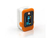 Grey and white finger clip pulse oximeter displaying pulse and blood oxygen information