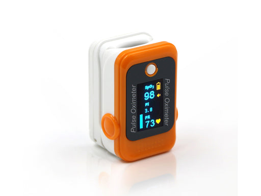 Grey and white finger clip pulse oximeter displaying pulse and blood oxygen information