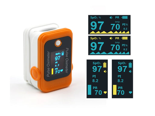 Grey and white finger clip pulse oximeter displaying pulse and blood oxygen information