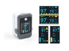 Grey and white finger clip pulse oximeter displaying pulse and blood oxygen information