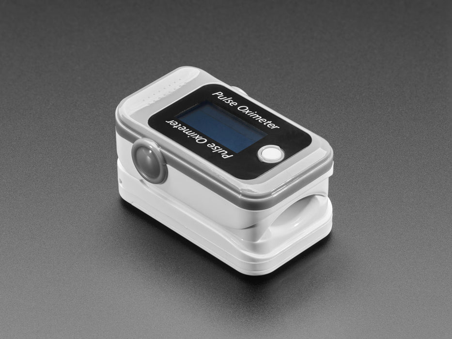 Grey and white finger clip pulse oximeter displaying pulse and blood oxygen information