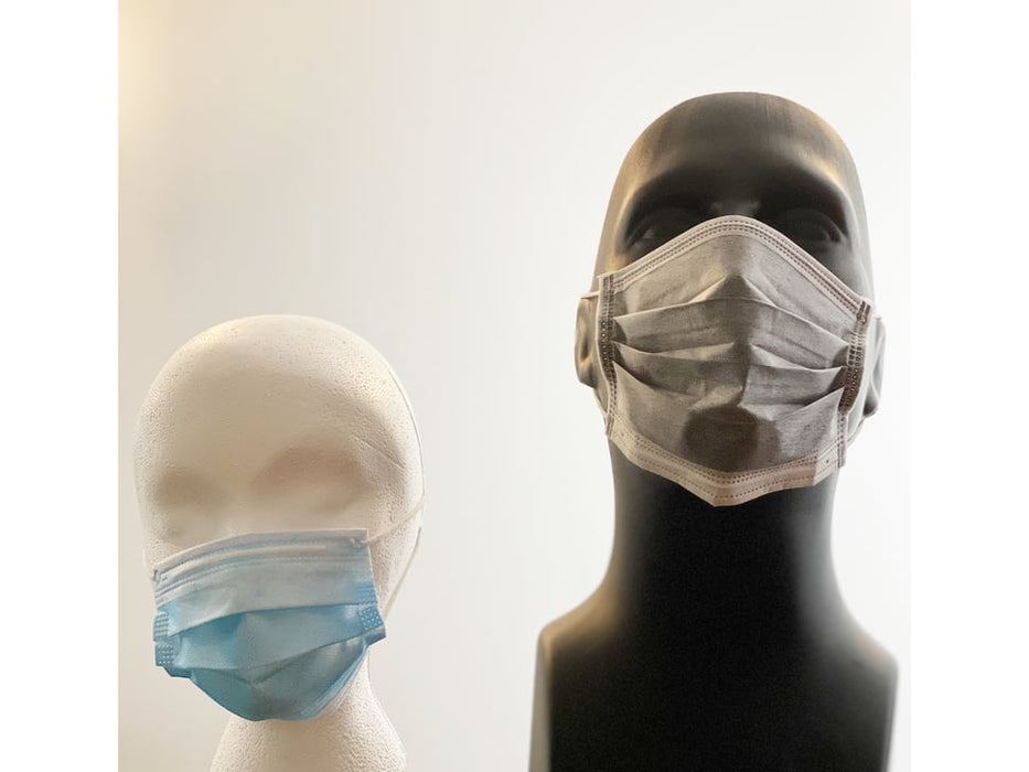 Blue disposable surgical style mask shown on a mannequin head