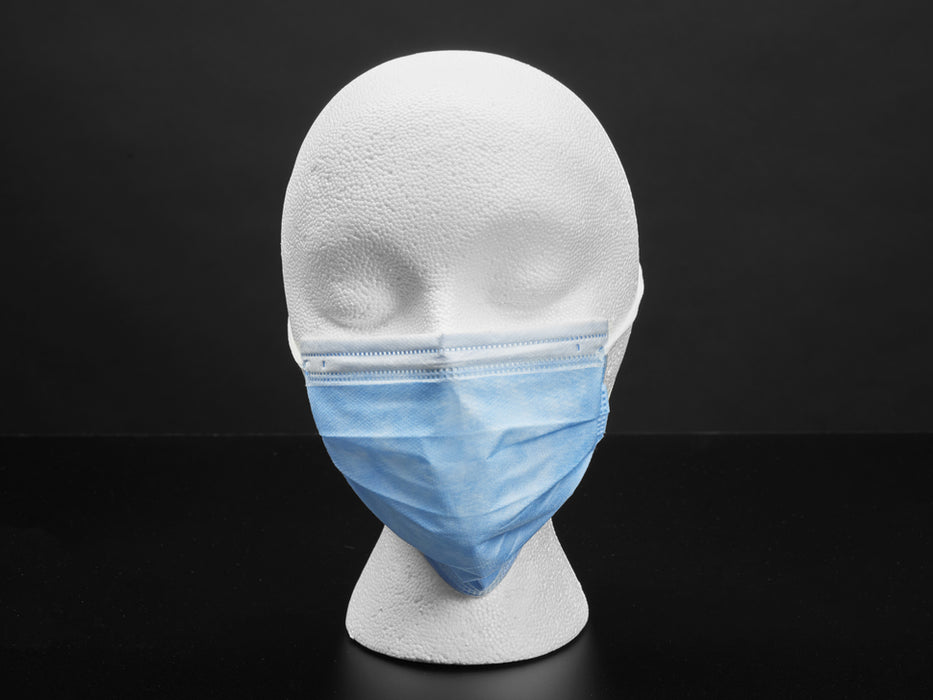 Blue disposable surgical style mask shown on a mannequin head