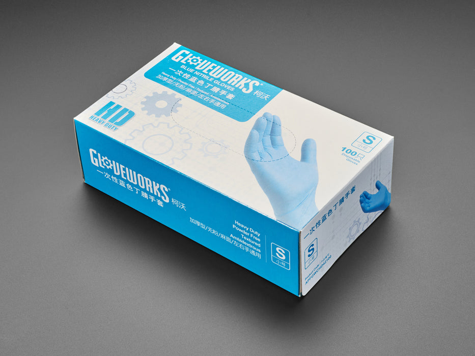 Blue nitrile gloves show being worn