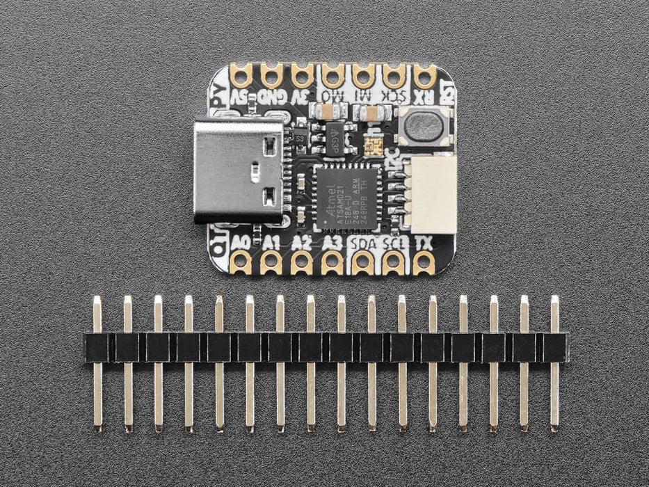 Animation of Adafruit QT Py with onboard NeoPixel in a rainbow swirl.