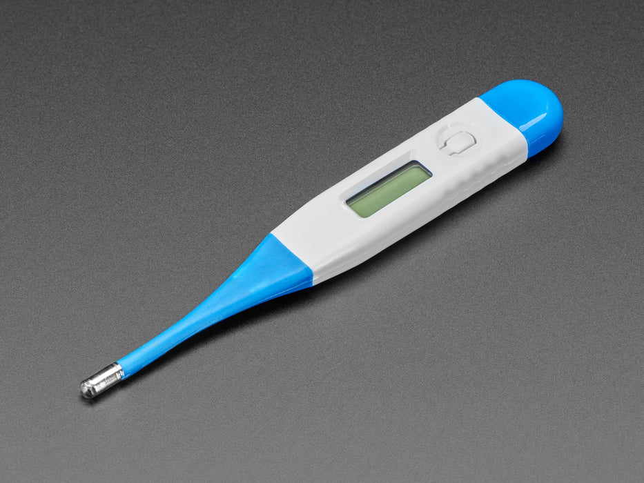 Blue and white thermometer showing a temperature reading