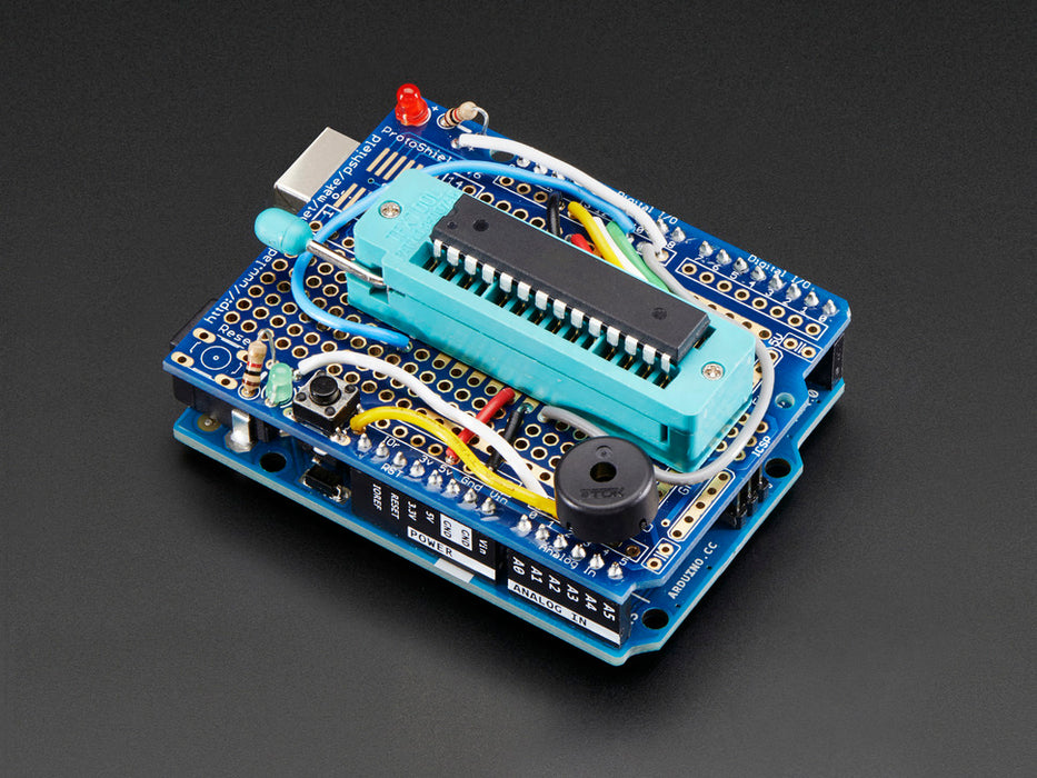 Angled shot of Standalone AVR ISP Programmer Shield Kit.