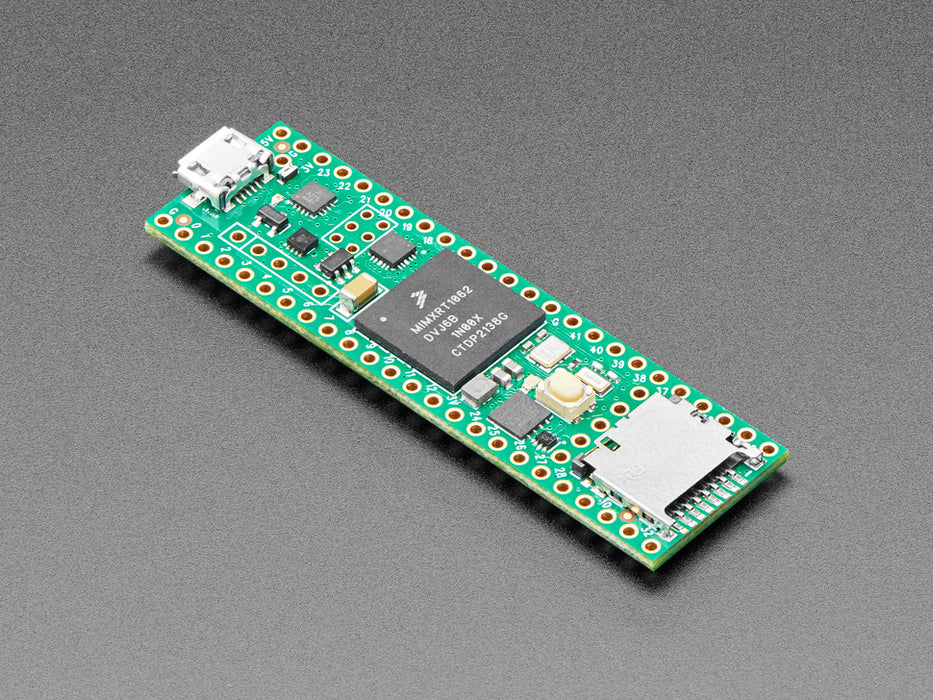 Angled shot of long green rectangular microcontroller.