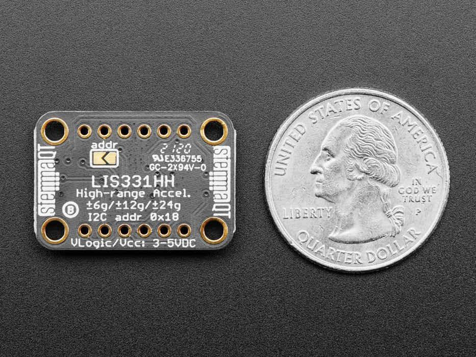 Angled shot of a Adafruit LIS331 Triple-Axis Wide-Range ��24g Accelerometer.