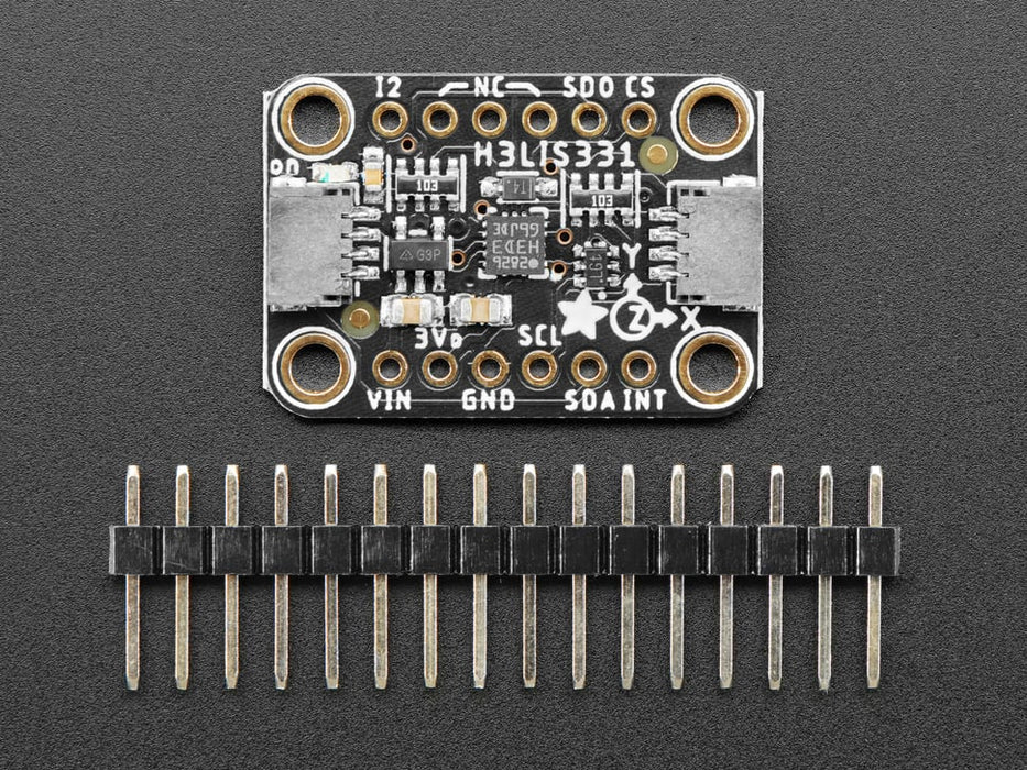 Angled shot of a Adafruit H3LIS331 Ultra High Range Triple-Axis Accelerometer.