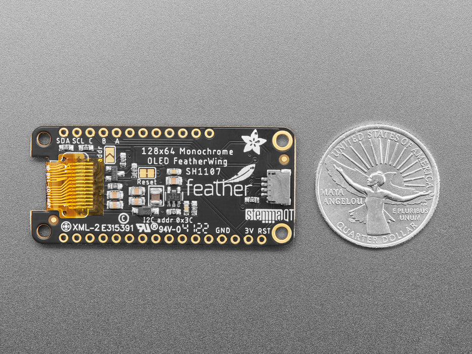 Video of a Adafruit FeatherWing OLED - 128x64 OLED Add-on For Feather - STEMMA QT / Qwiic connected to a temp and humidity sensor. Display reads "Adafruit" and various Temp and Humidity measures.  